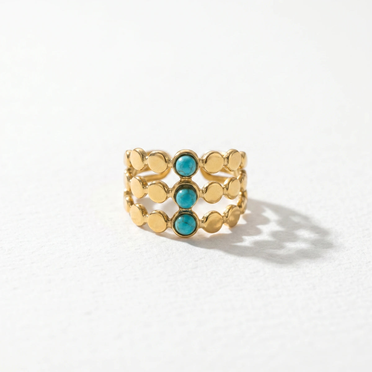QIAOREN 13181-85 5Pcs Gold Stainless Steel Turquoise Open Ring Set Irregular Hammered Crown Adjustable Boho Stackable Rings