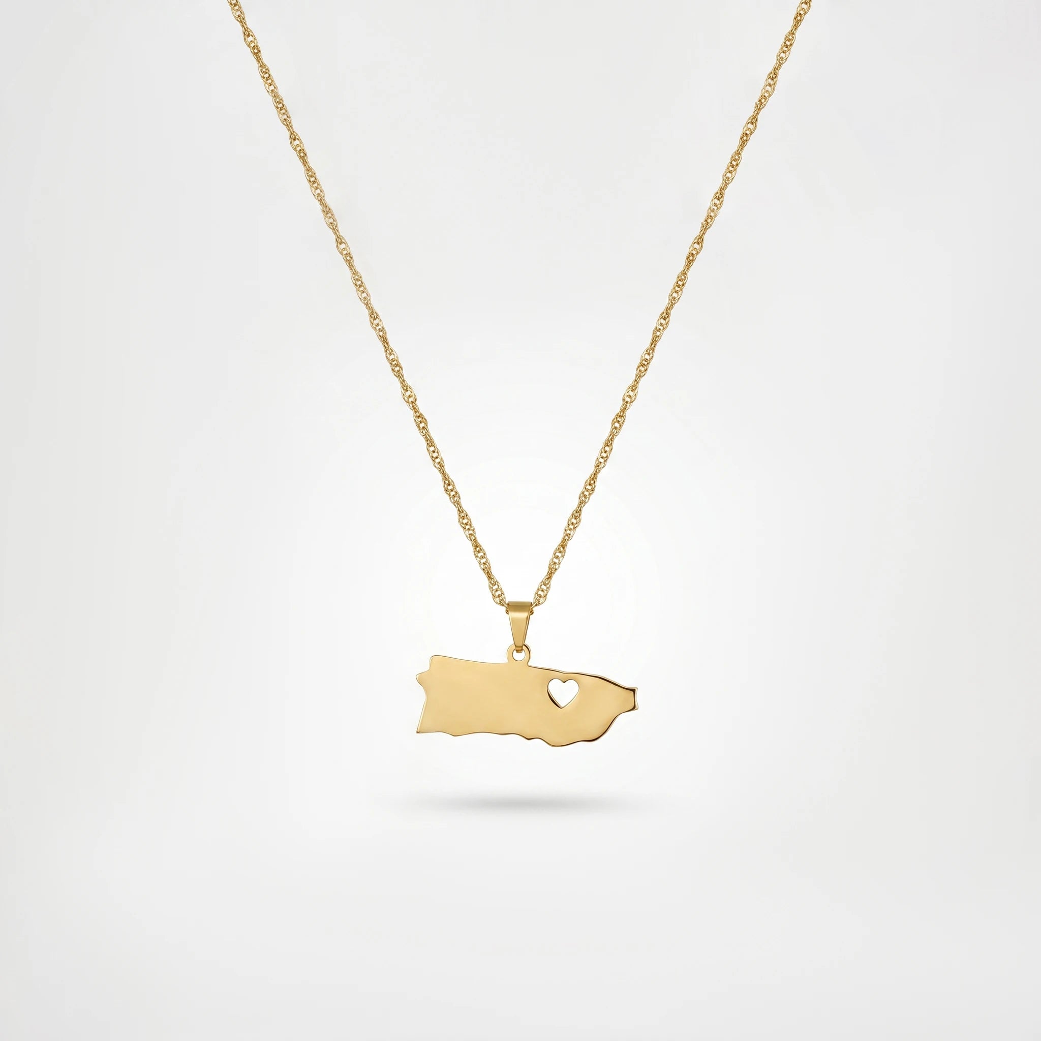 QIAOREN 12870 18KGoldPlated Puerto RicoMap Necklace StainlessSteel Island Heart Pendant Waterproof Tarnish Free Heritage Jewelry
