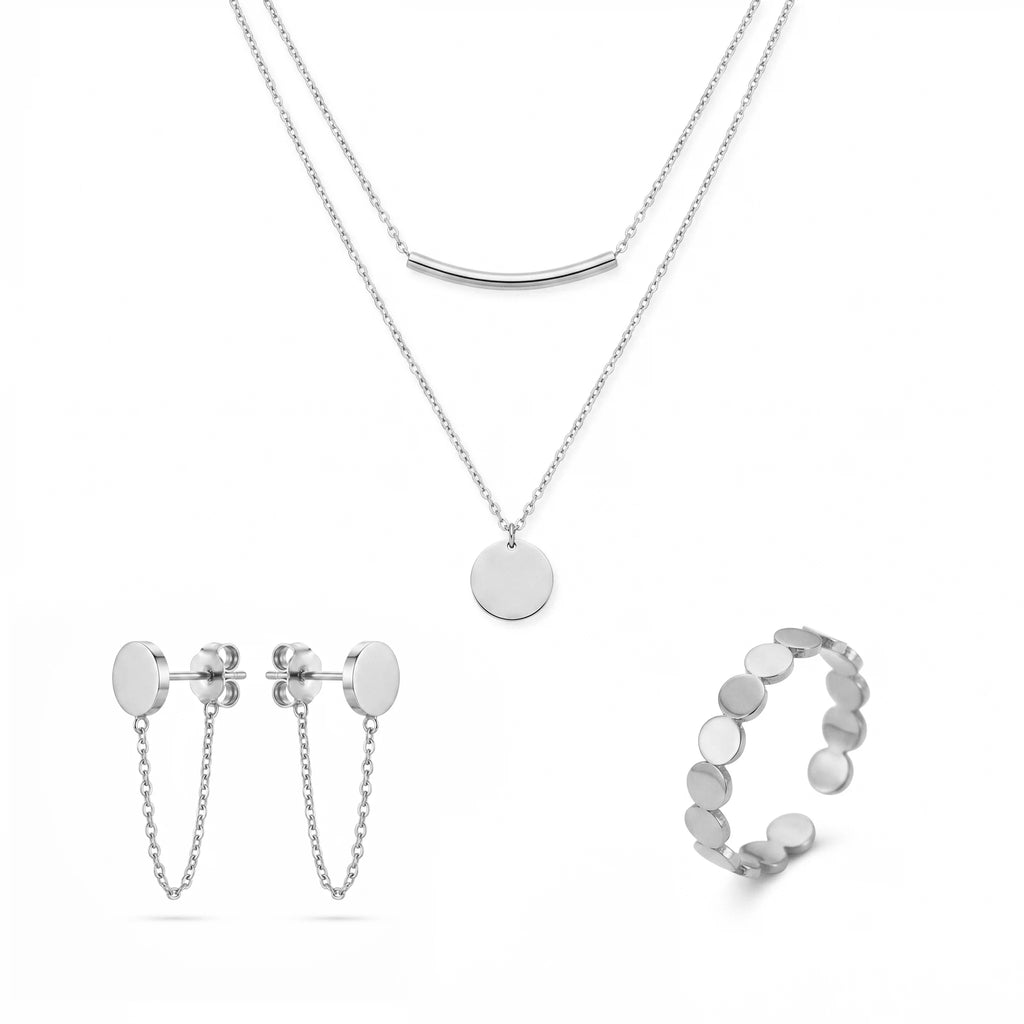 QIAOREN 11593 Waterproof 18K Gold Plated Stainless Steel Jewelry Set Layered Necklace Earrings Ring Everyday Wear