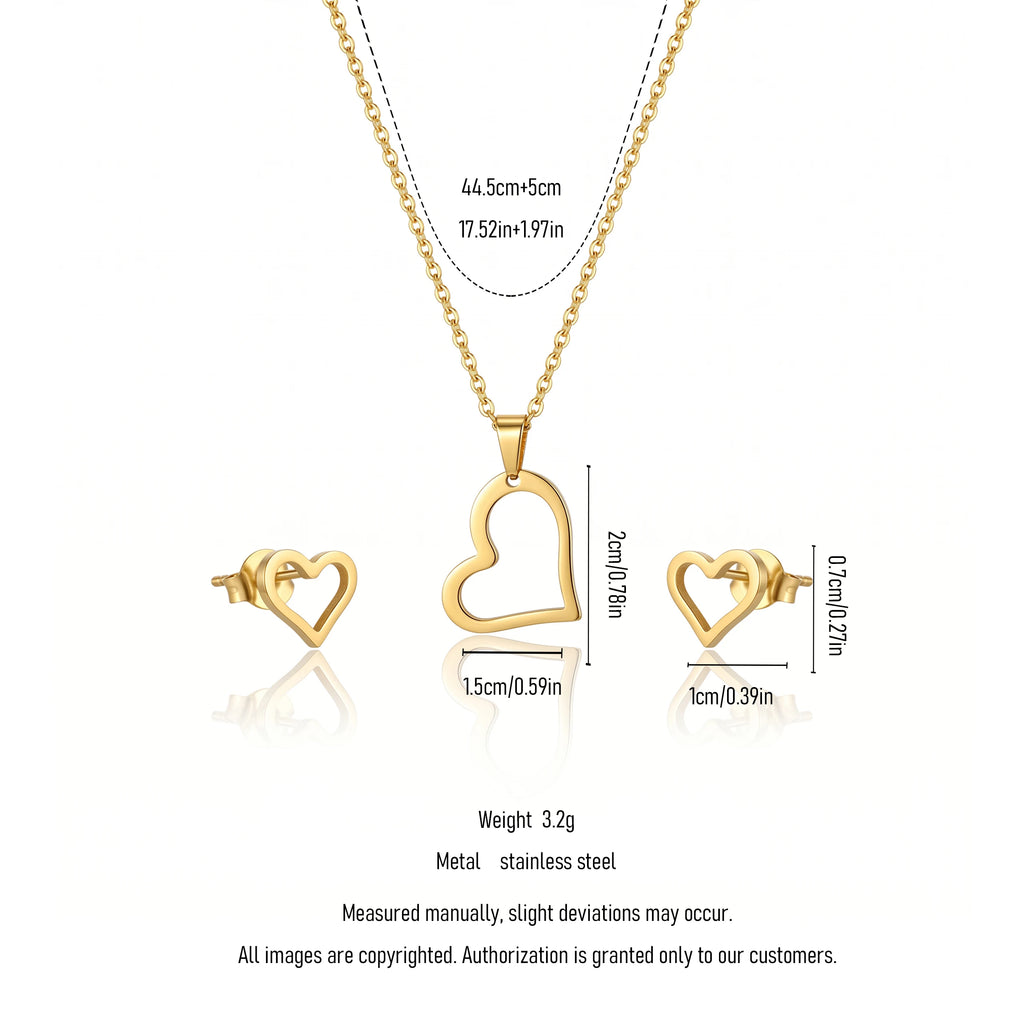 QIAOREN 11741 Waterproof 18K Gold Open Heart Jewelry Set Stainless Steel Beach-Ready Necklace & Earrings