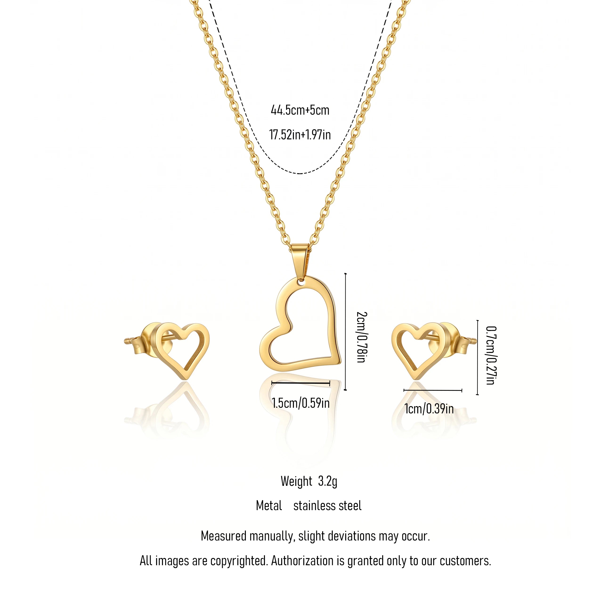QIAOREN 11741 Waterproof 18K Gold Open Heart Jewelry Set Stainless Steel Beach-Ready Necklace & Earrings