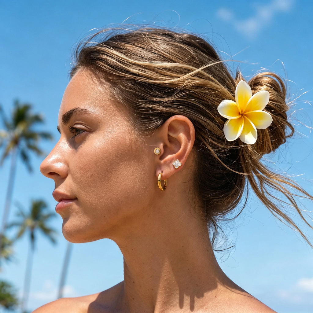QIAOREN 14464 3 Pair Gold Stainless Steel Earrings Set, Round CZ Studs, Paved Clover Studs & Smooth Chunky for Daily Fashion