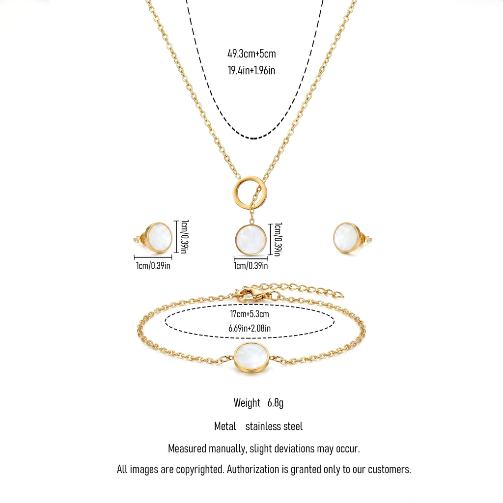 QIAOREN 11938 Trendy Mother of Pearl Round Jewelry Set Gold Stainless Steel Circle Necklace Earrings Bracelet for Women US EU