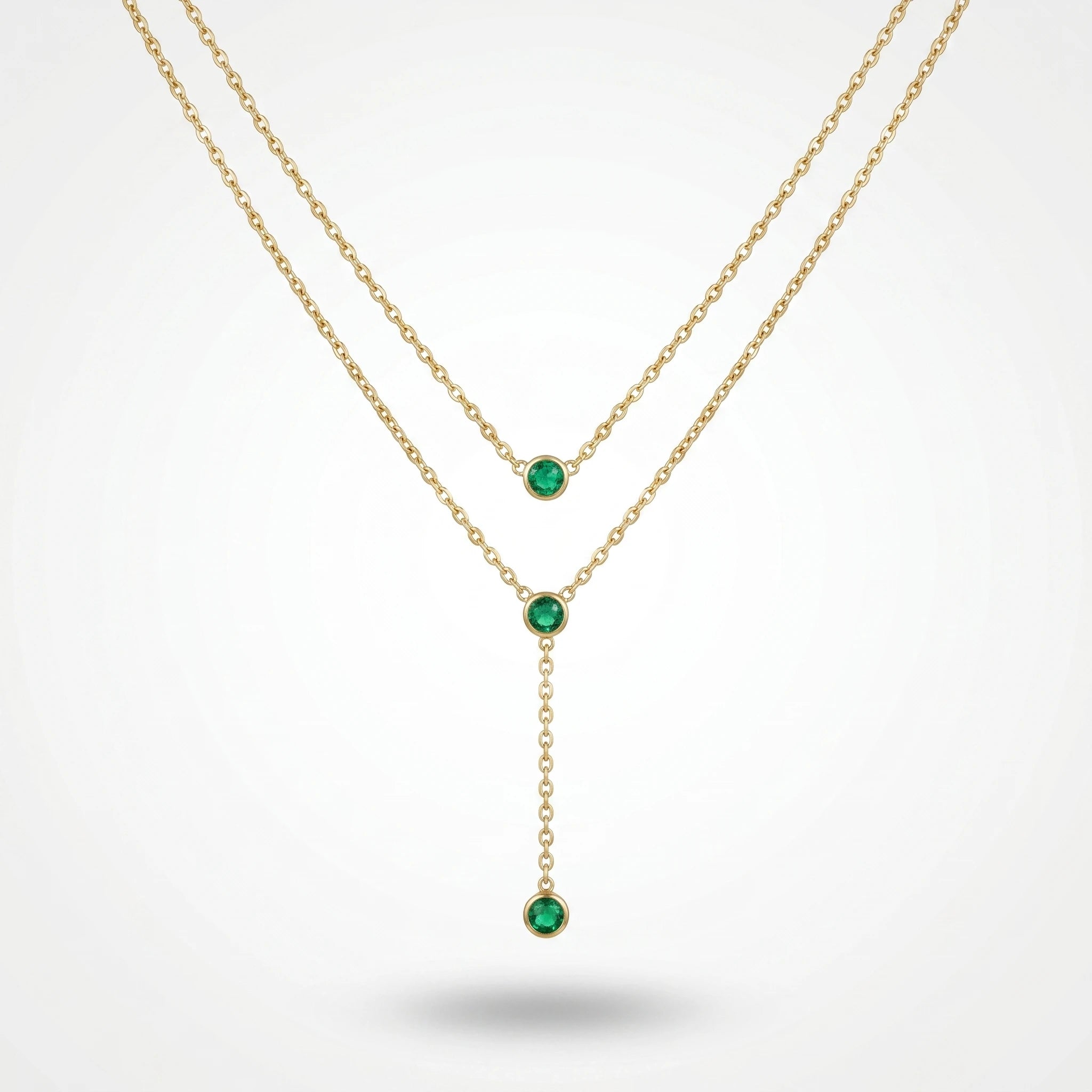 QIAOREN 11673 Dainty Green CZ Lariat Necklace 18K Gold Stainless Steel Double Layered Choker for Women