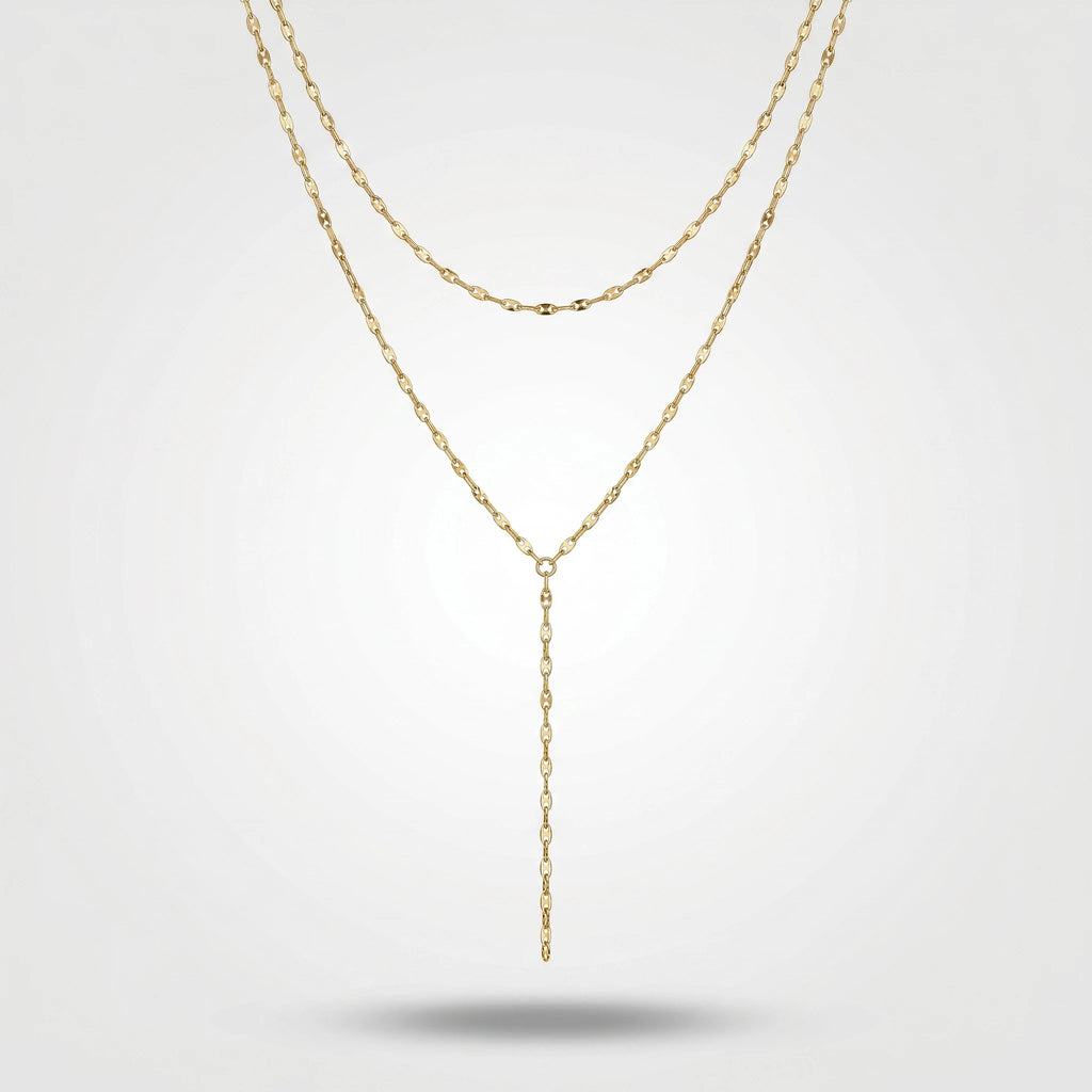 QIAOREN 11289 18K Gold Plated Double Layer Y Lariat Necklace Sparkle Oval Link Chain Stainless Steel Tarnish Free Waterproof