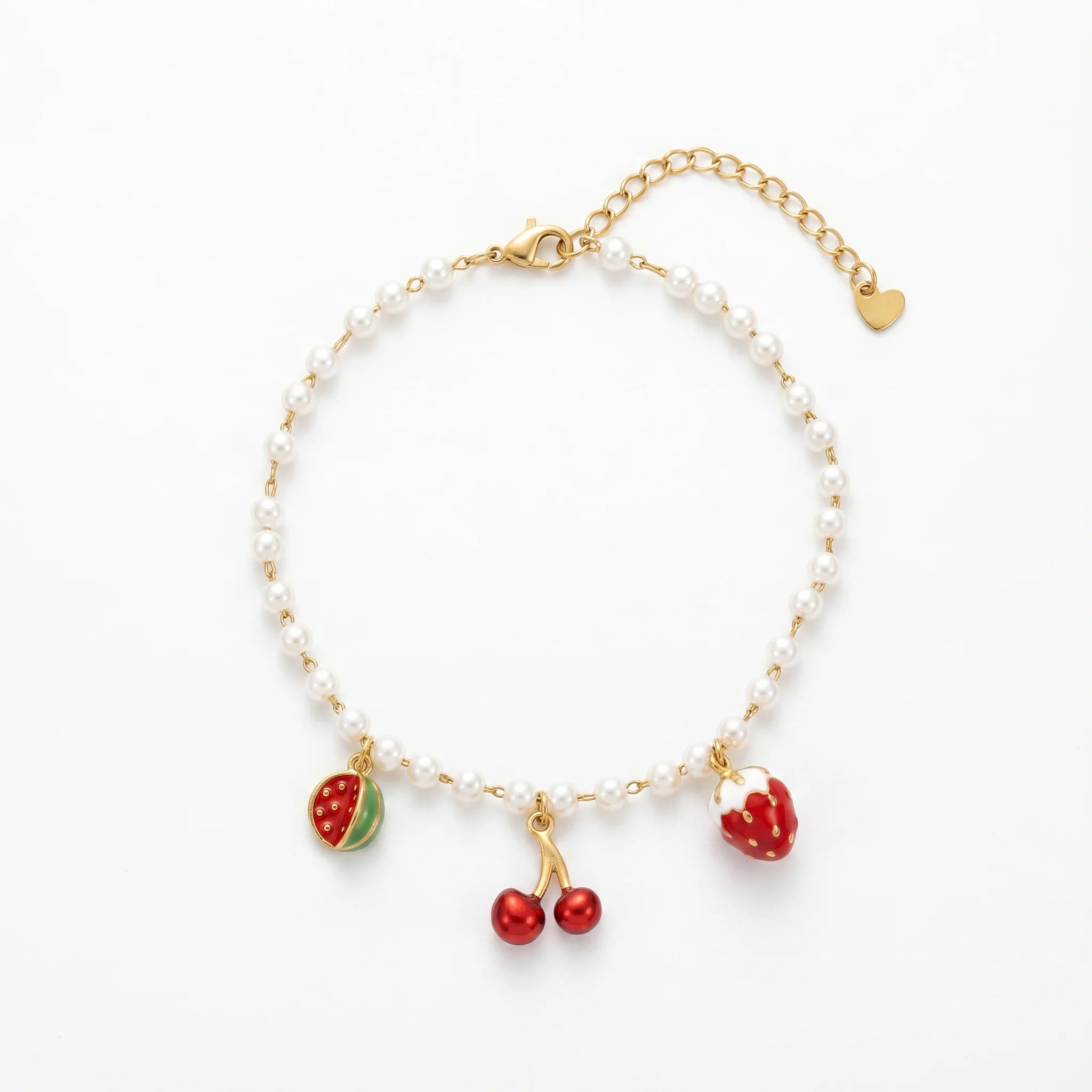 QIAOREN 13323 Fruit Themed Pearl Anklet with Watermelon, Cherry & Strawberry Charms, Cute Summer Foot Jewelry Gift