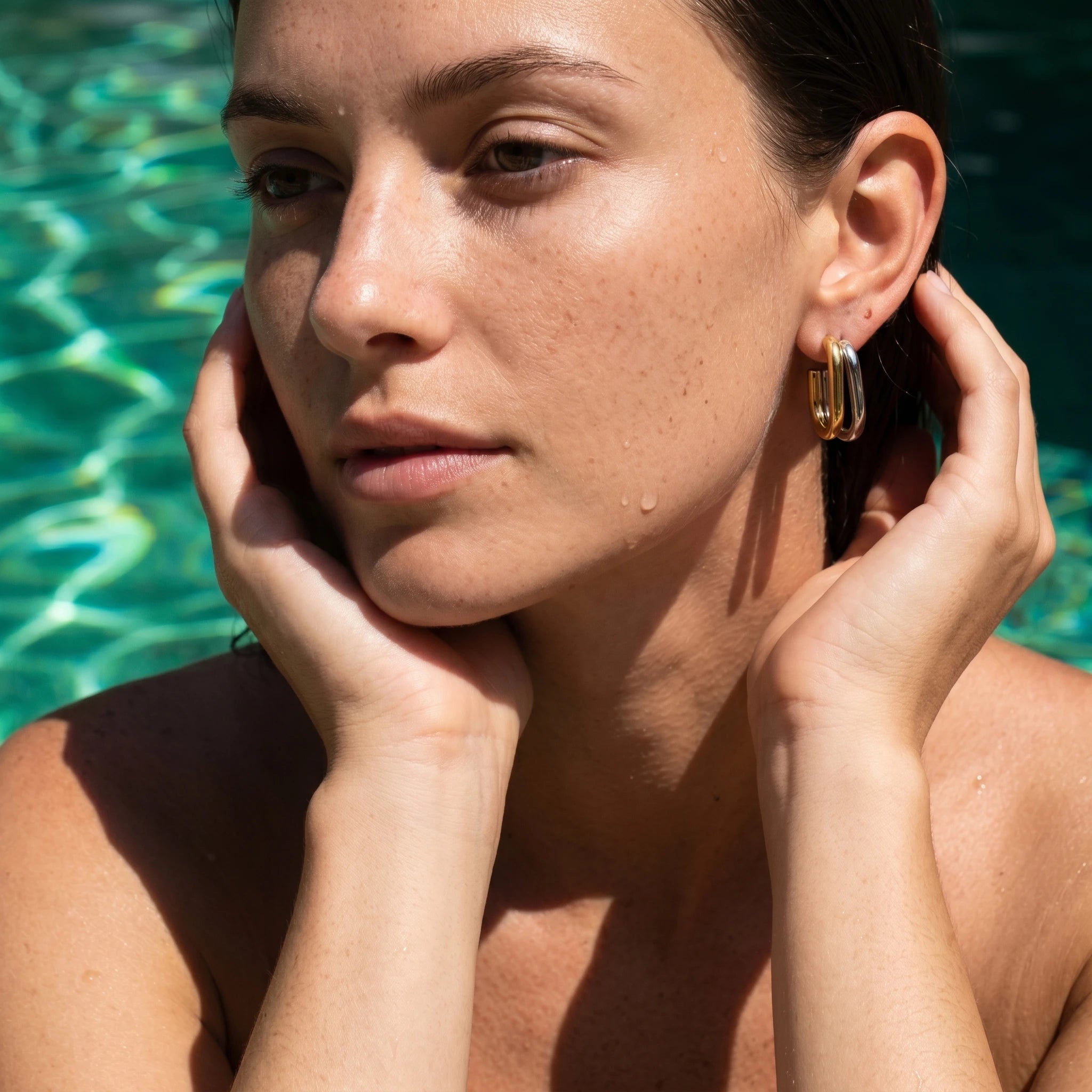 QIAOREN 12754 Minimalist Mixed Tone Double Layer Oval Earrings Stainless Steel Silver Gold Chunky Hoop Daily Jewelry