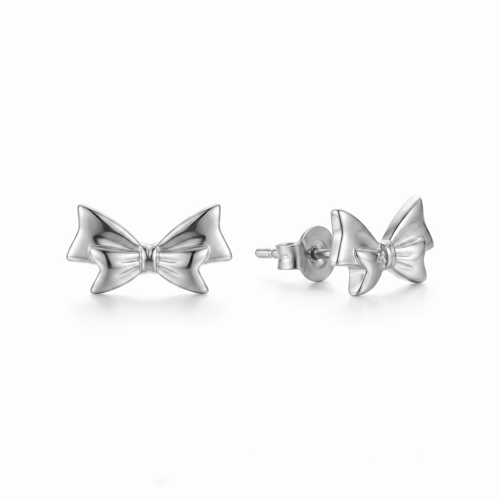 QIAOREN 14037 Polished Gold 3D Bow Knot Stud Earrings, Classic Smooth Ribbon Bow Ear Stud Jewelry Gift for Women