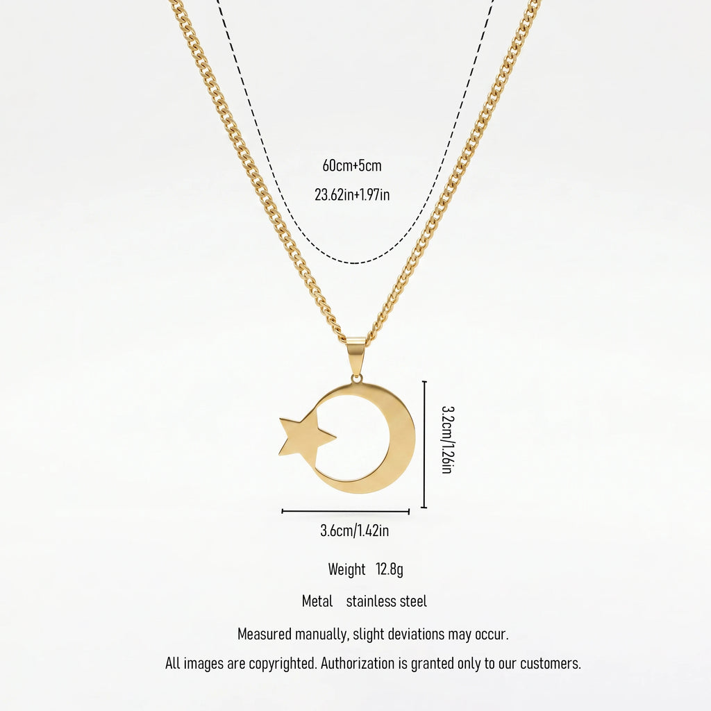 QIAOREN 11955  Stainless Steel Crescent Moon Star Pendant Necklace  Waterproof Cuban Link Chain