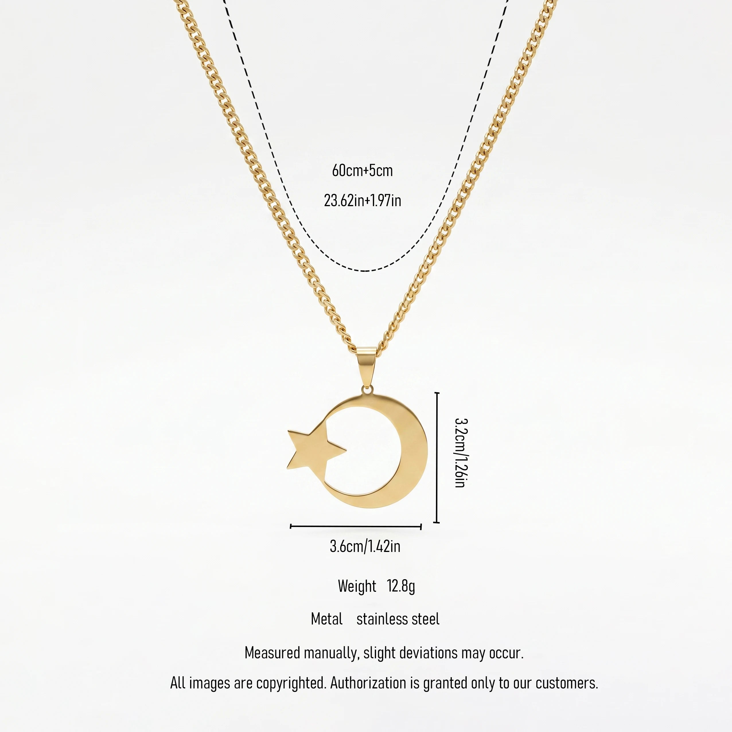 QIAOREN 11955  Stainless Steel Crescent Moon Star Pendant Necklace  Waterproof Cuban Link Chain