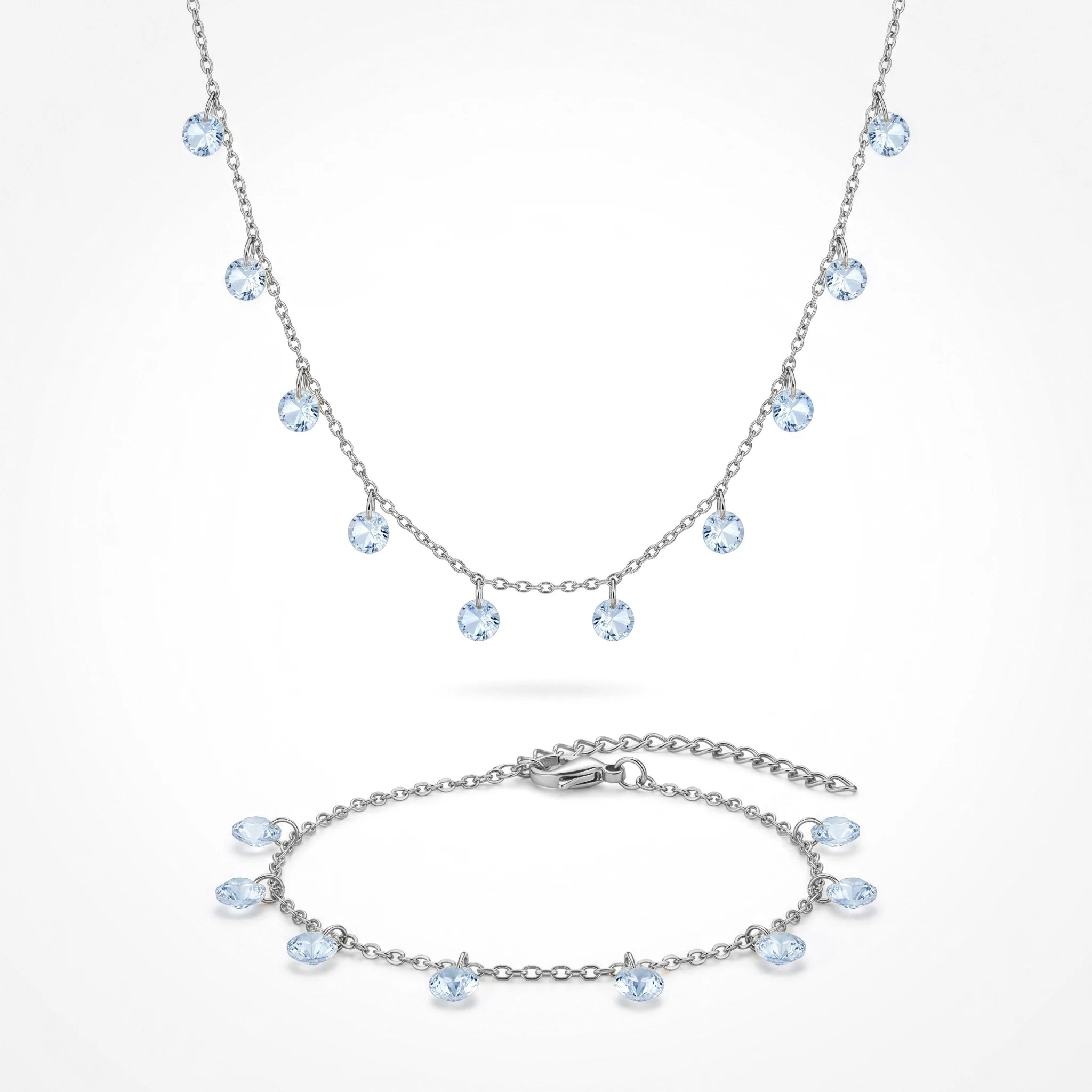 QIAOREN 11935 Waterproof Blue Zirconia Jewelry Set Stainless Steel Gold Station Dangle Necklace Bracelet Gift for Women US