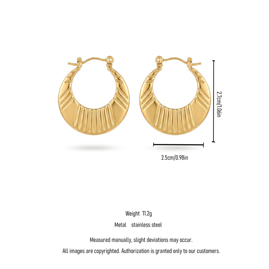 QIAOREN 12536 Elegant Quiet Luxury French Retro Ribbed Hoops Gold Stainless Steel Large Puffy Crescent Jewelry EU