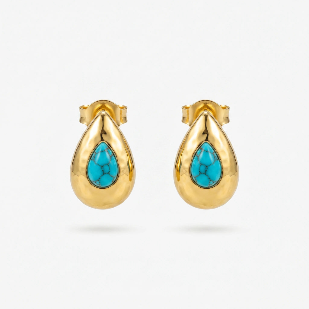 QIAOREN 13276 Gold Tone Hammered Teardrop Stud Earrings Inlaid Natural Turquoise Stone Water Drop Shape Clip Back Studs Bohemian