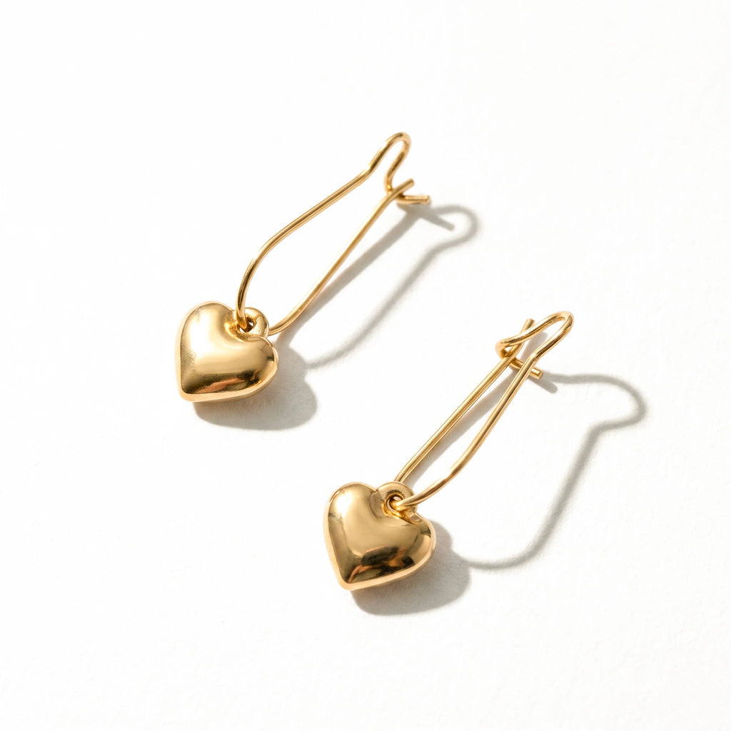 QIAOREN 11184 Trendy Puffy Heart Drop Earrings Stainless Steel Gold Hook Earrings for Women Romantic Minimal Jewelry