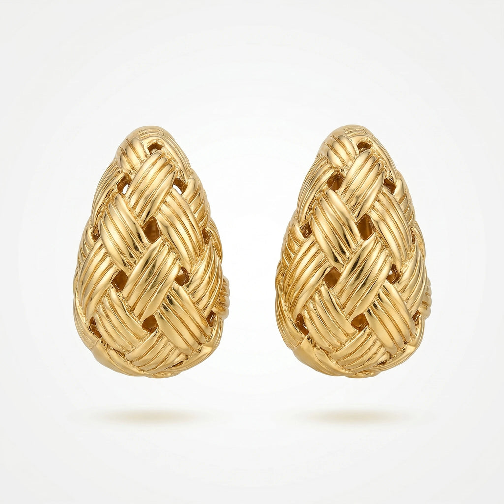 QIAOREN 12283 Trendy Basketweave Teardrop Earrings Gold Stainless Steel Braided Lattice Hollow Dome Studs Women US EU Hot