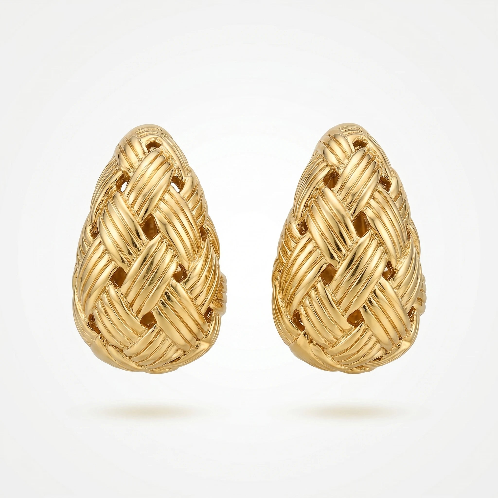 QIAOREN 12283 Trendy Basketweave Teardrop Earrings Gold Stainless Steel Braided Lattice Hollow Dome Studs Women US EU Hot