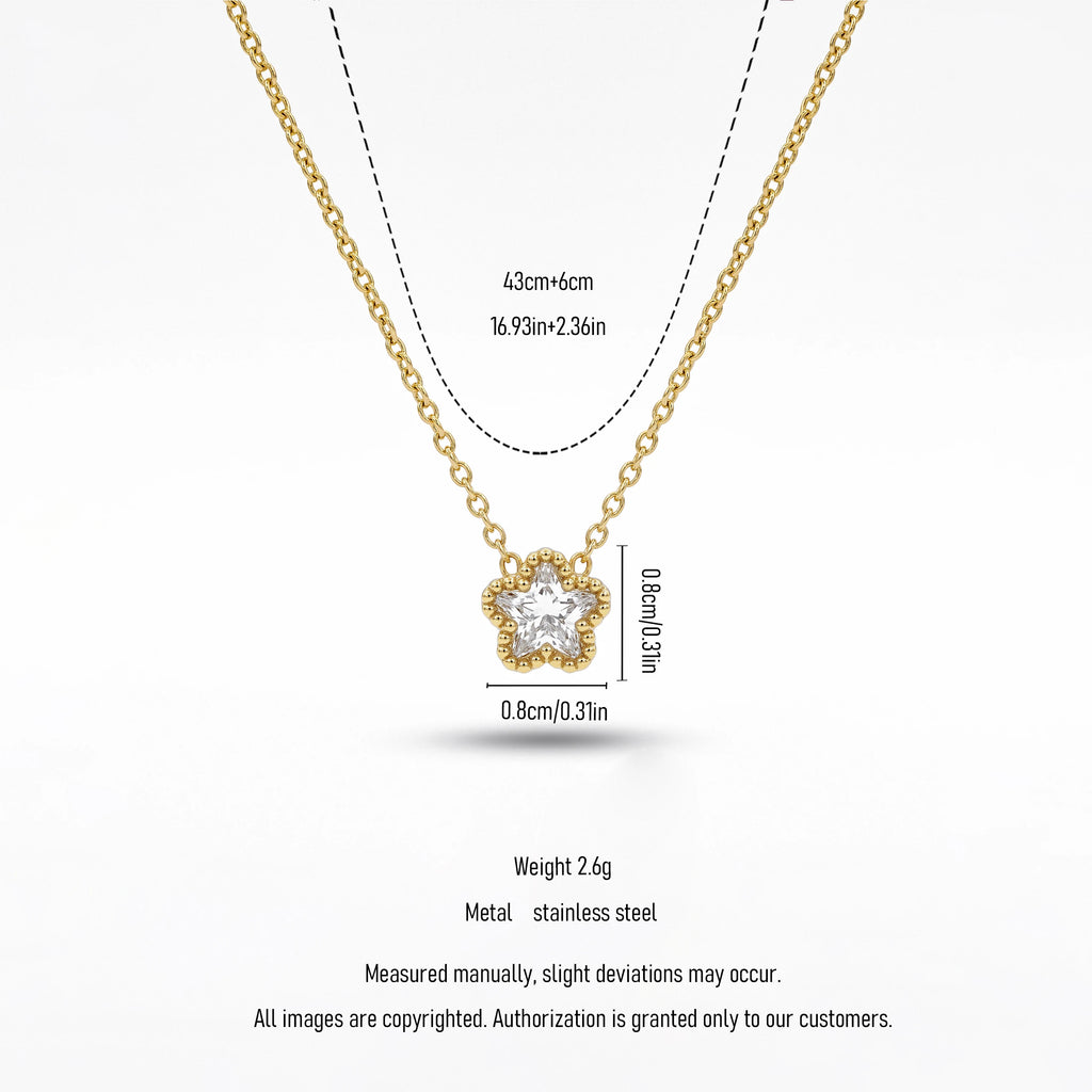 QIAOREN 13542 Dainty Single Star Zircon Pendant Necklace with Beaded Border Frame, Thin Gold Cable Chain