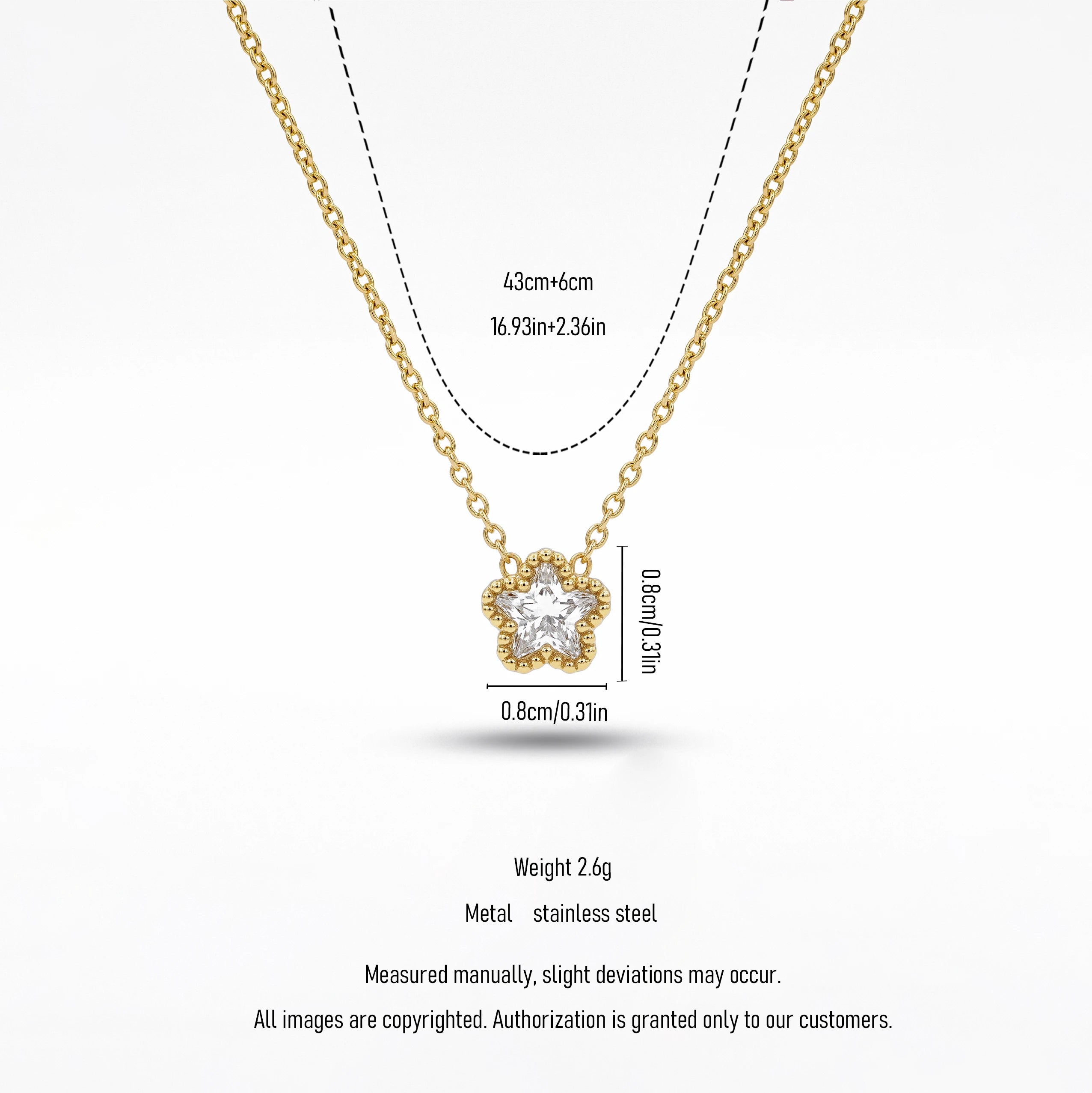 QIAOREN 13542 Dainty Single Star Zircon Pendant Necklace with Beaded Border Frame, Thin Gold Cable Chain