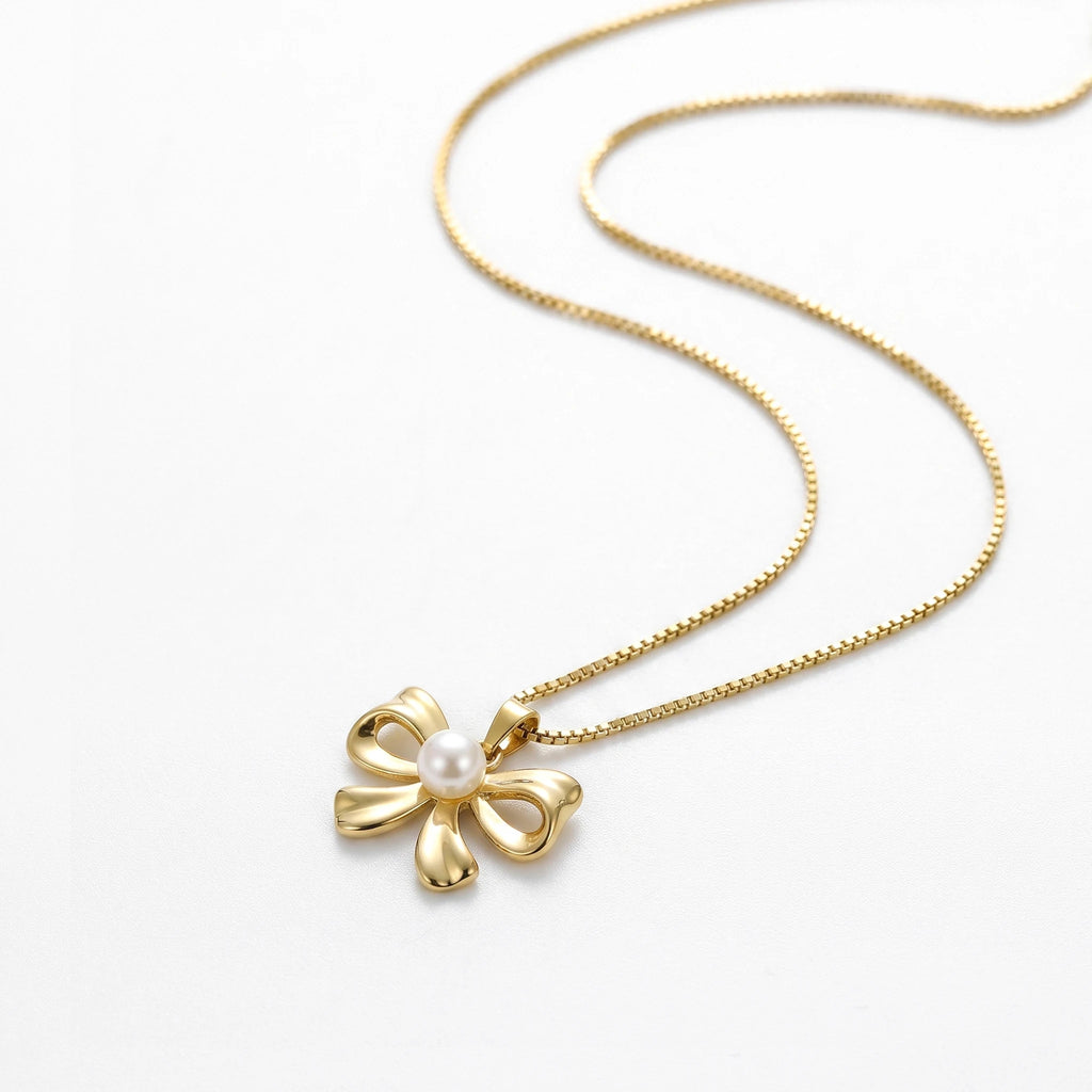 QIAOREN 13938 Thin Box Snake Chain Pendant Necklace with Polished Bow Knot Charm & Center Smooth White Pearl Inlay