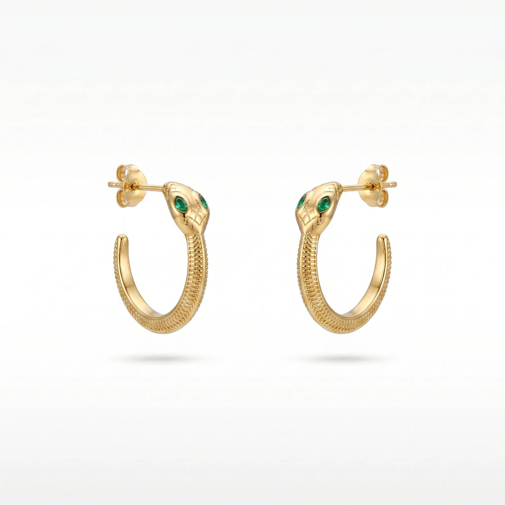 QIAOREN 12336 Gothic Geometric Snake Hoop Earrings 18K Gold Plated Stainless Steel Textured Scale Serpent C Hops Medusa Party
