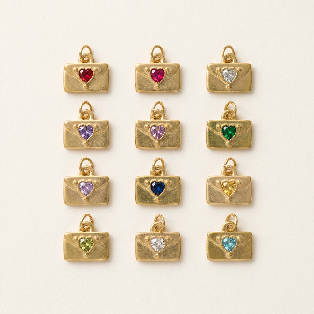 QIAOREN 12437-48   12 Birthstone Envelope Drop Earrings, Gold Plated Stainless Steel Love Letter Studs