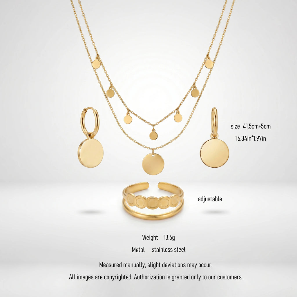 QIAOREN 10901 3pcs Disc Jewelry Set Stainless Steel Layered Necklace Hoop Earrings Adjustable Ring-Trendy Women's Jewelry