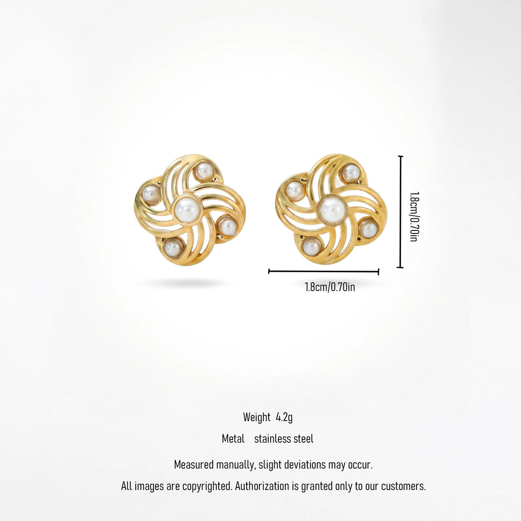 QIAOREN 12267 Vintage Hollow Four-Leaf Pearl Stud Earrings 18K Gold Plated Stainless Steel Hypoallergenic Spiral Floral Jewelry