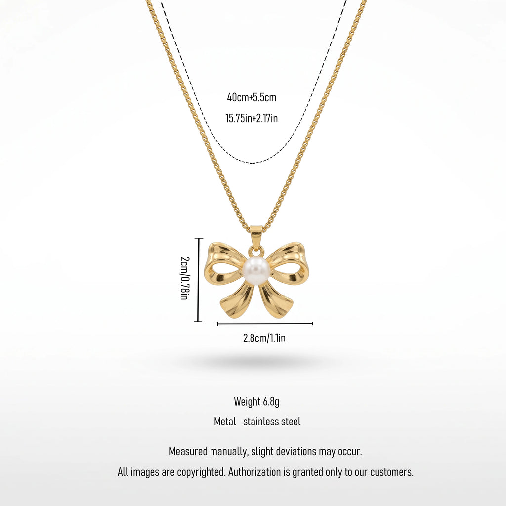 QIAOREN 13938 Thin Box Snake Chain Pendant Necklace with Polished Bow Knot Charm & Center Smooth White Pearl Inlay