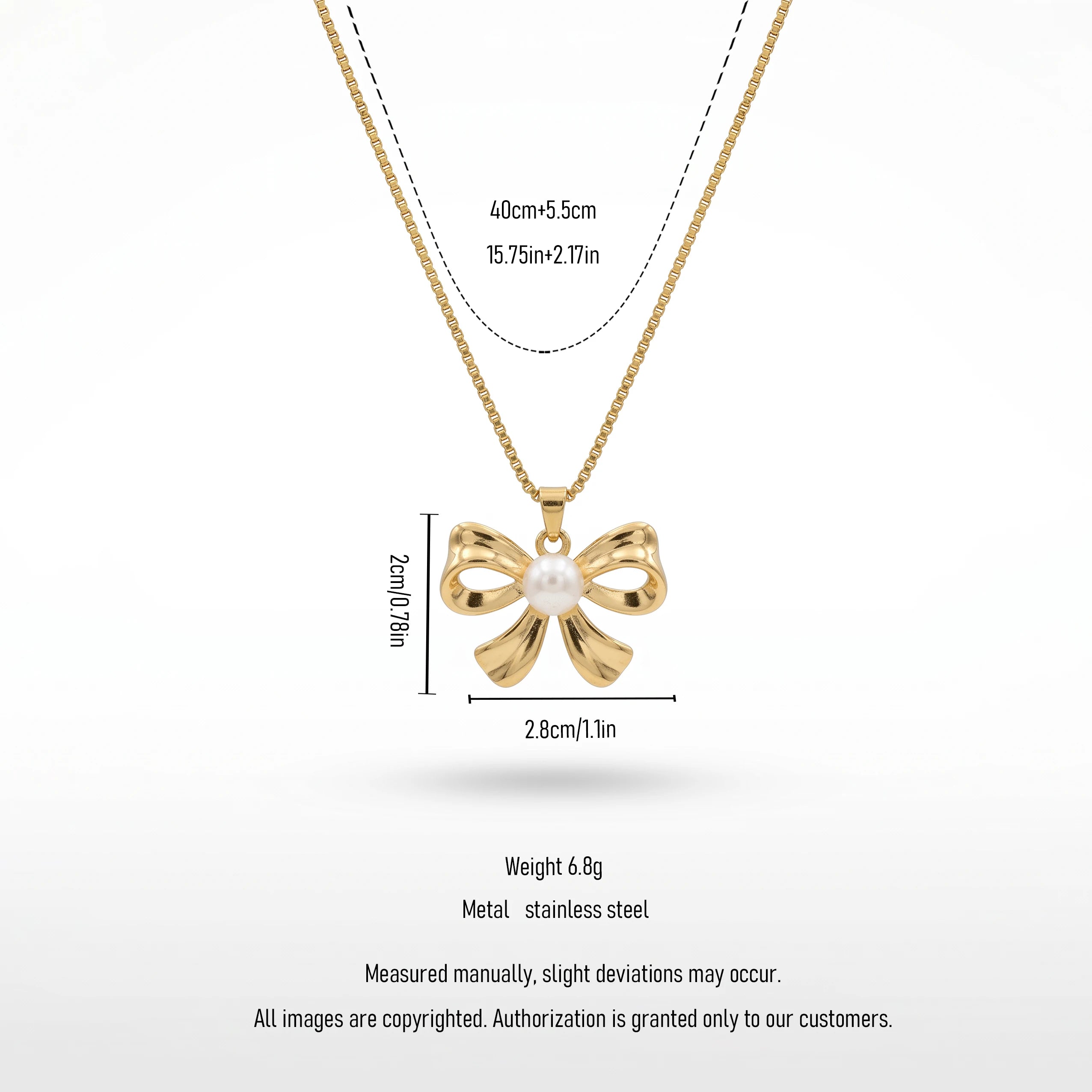 QIAOREN 13938 Thin Box Snake Chain Pendant Necklace with Polished Bow Knot Charm & Center Smooth White Pearl Inlay