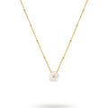QIAOREN 13523 Dainty White Shell Flower Pendant Station Necklace with Round Beaded Thin Cable Chain, Gold Tiny Floral Necklace