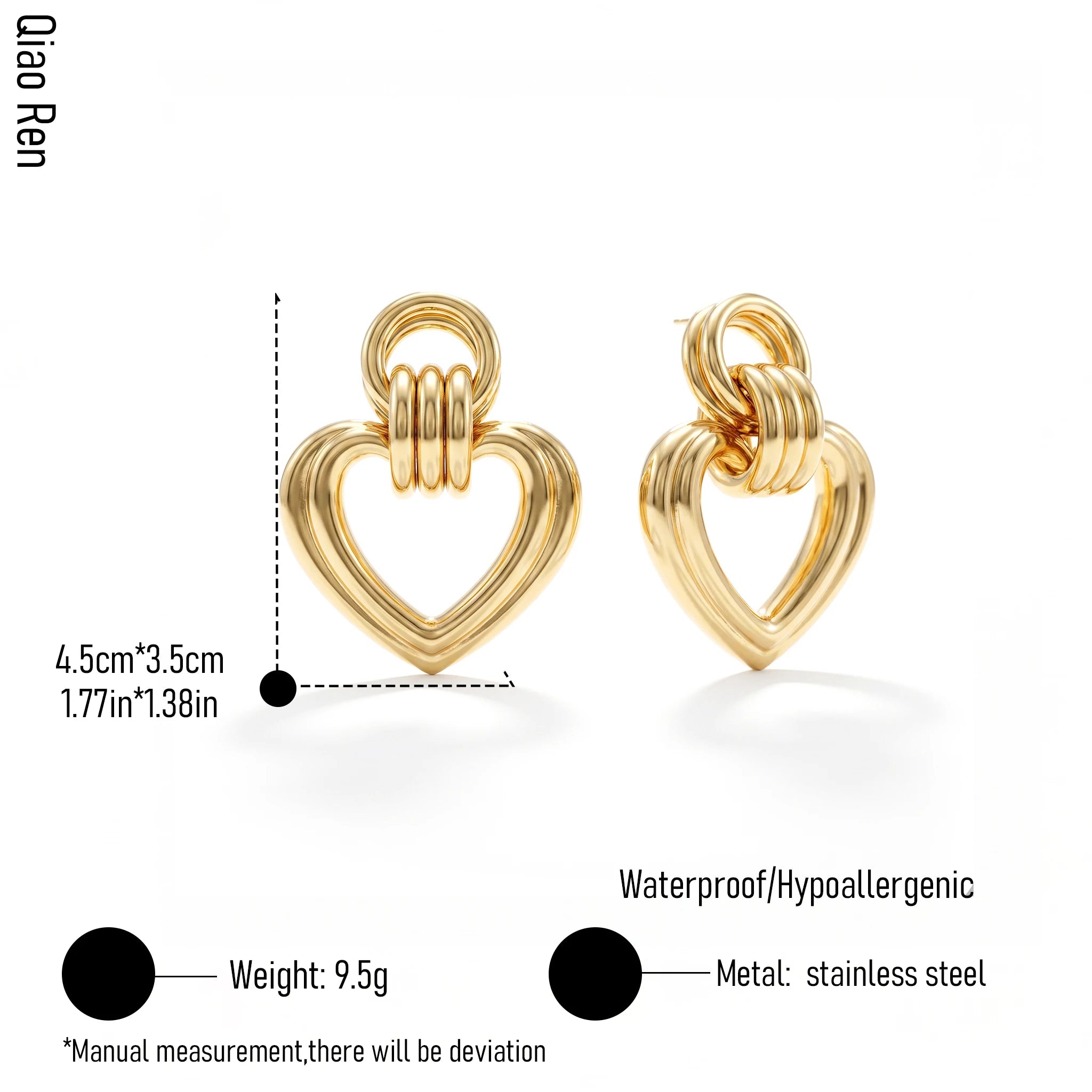 QIAOREN 14540 Open Heart Interlocking Drop Stud Earrings, Grooved Hollow Heart Gold Metal Hypoallergenic Jewelry Gift