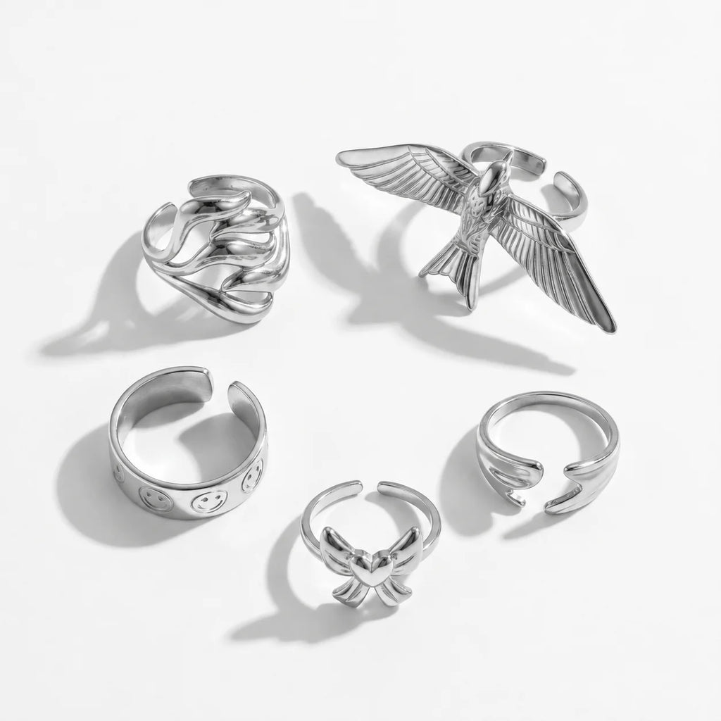 QIAOREN 14304-13 Women's Stainless Steel Vintage Bird -Face Bow Open Cuff Ring Set Adjustable Stackable 18K Gold Plated