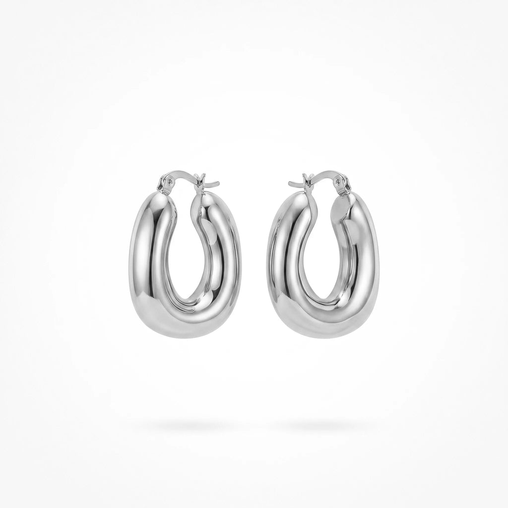 QIAOREN12453Glossy Solid Gold Oval Chunky Hoop Earrings Waterproof Stainless Steel Hoops Hypoallergenic Minimalist Daily Jewelry