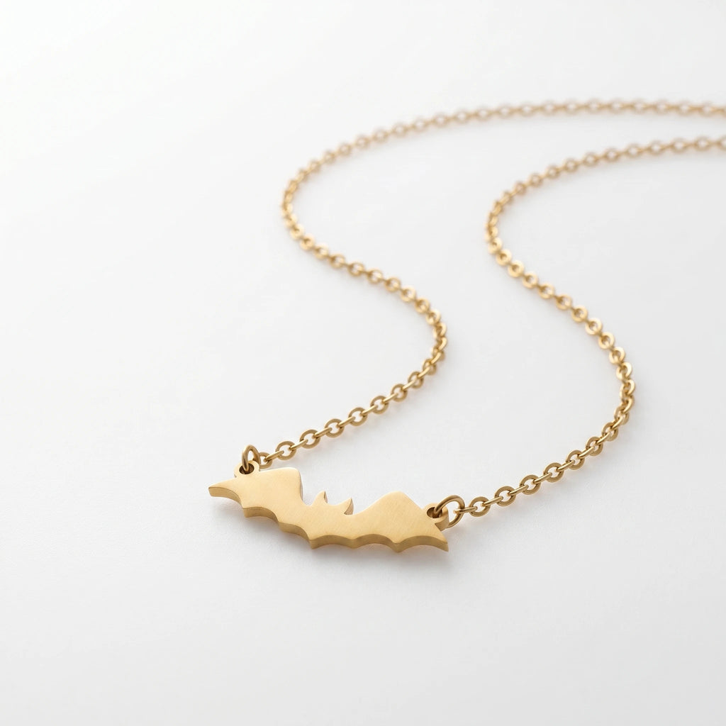 QIAOREN 10798 Edgy Minimalist Bat Chains Necklace Stainless Steel Gold Plated Non-Tarnish Layerable Unisex Daily Wear Jewelry