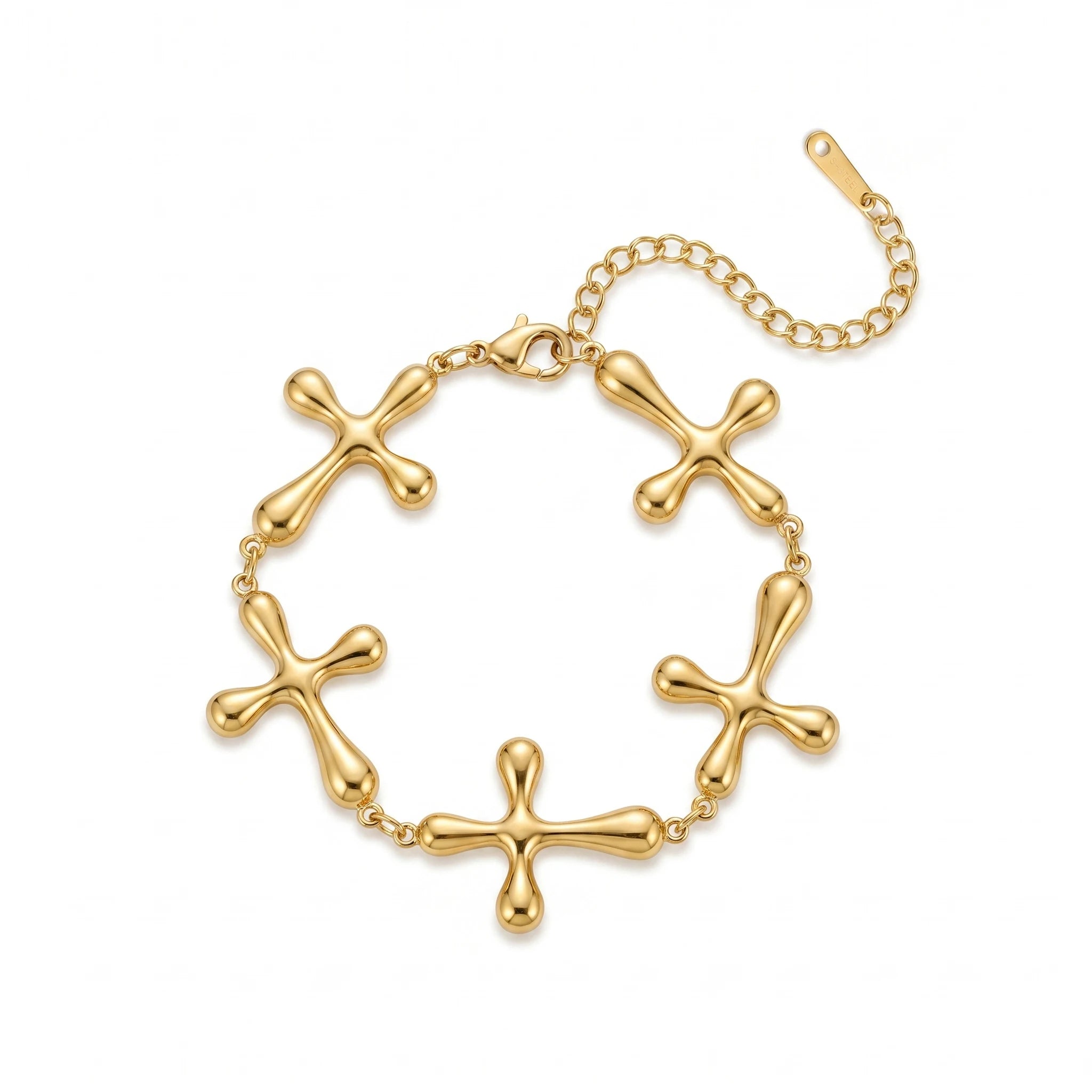 QIAOREN12029 Wholesale Gold Plated Stainless Steel Smooth Puffy Cross Link Bracelet  Bead Chain Adjustable Extension Jewelry