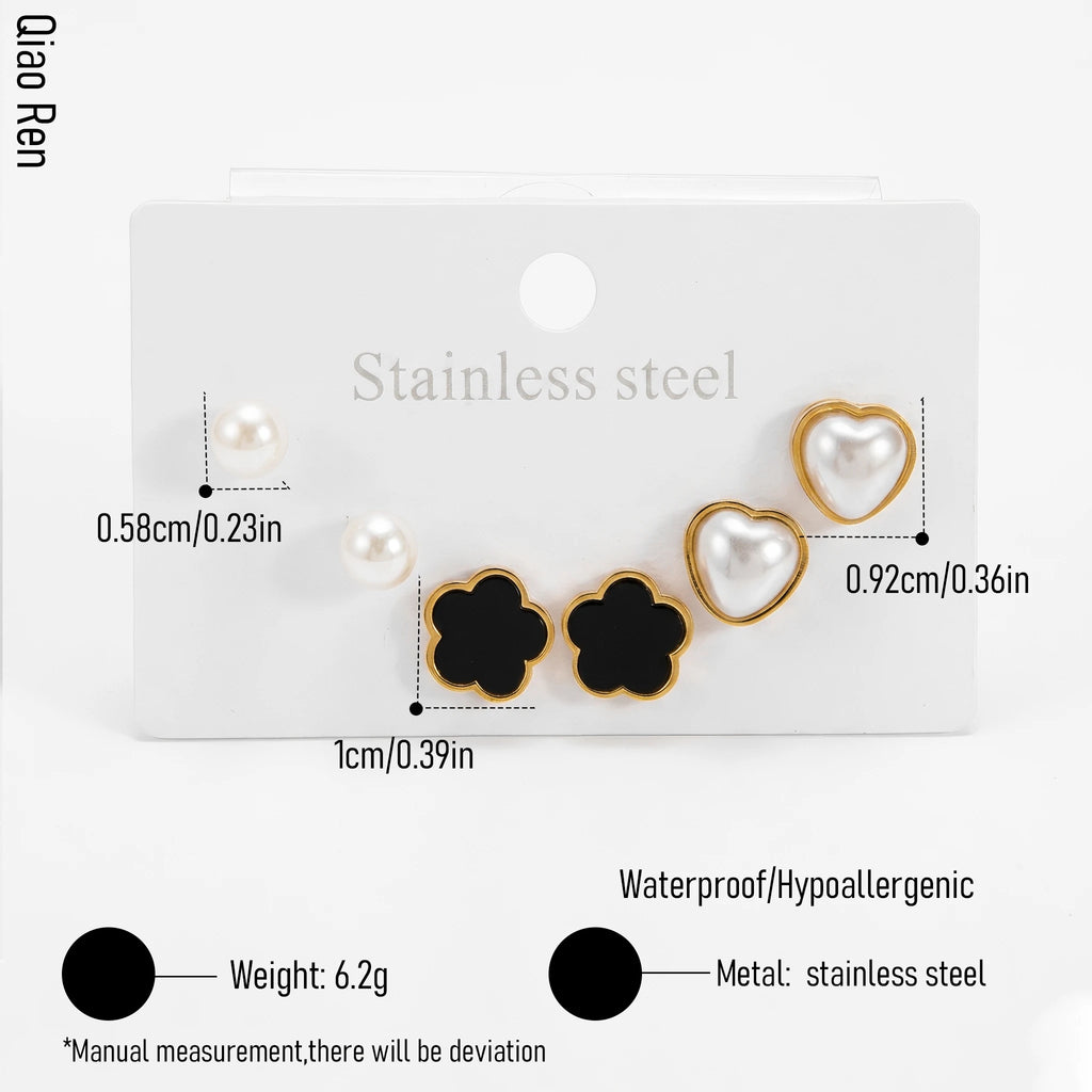 QIAOREN 14460 3 Pair Gold Stainless Steel Stud Earrings Set, Black Clover & Heart Pearl Studs for Daily Jewelry