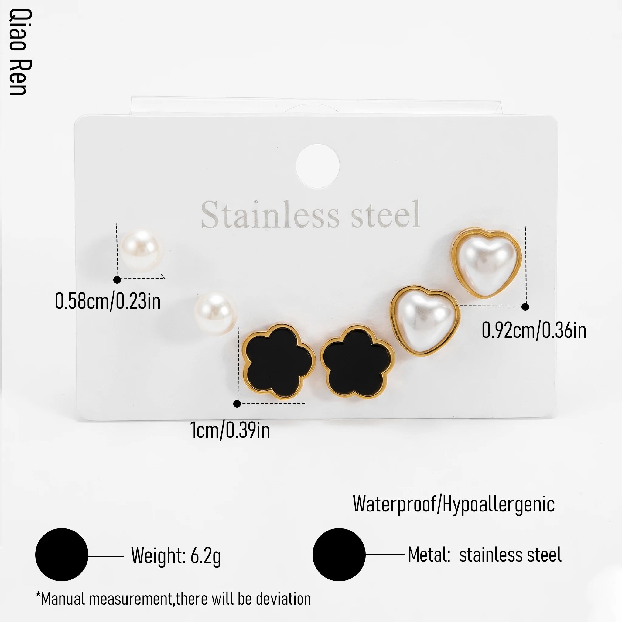 QIAOREN 14460 3 Pair Gold Stainless Steel Stud Earrings Set, Black Clover & Heart Pearl Studs for Daily Jewelry