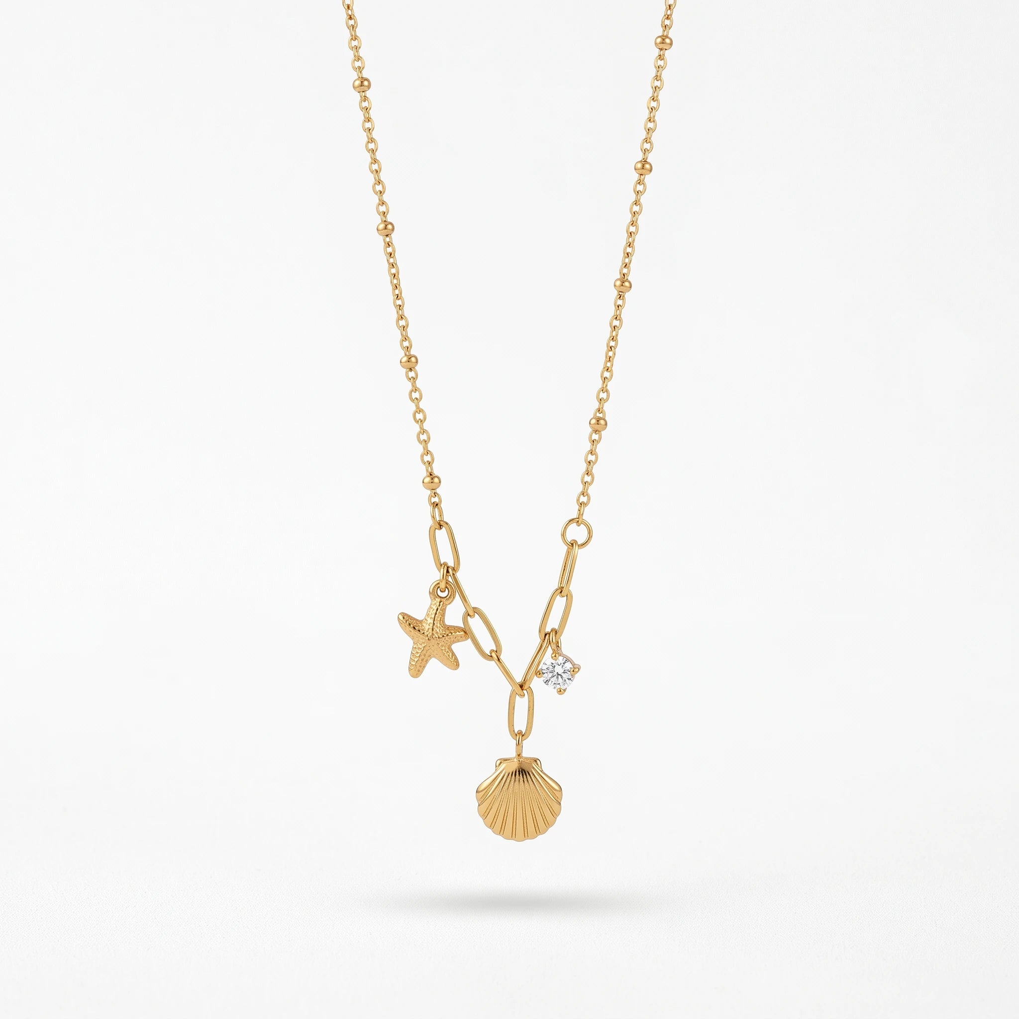 QIAOREN 13549 Stainless Steel Starfish Seashell Charm Necklace Gold Coastal Beach Pendant Paperclip Chain Jewelry for Women