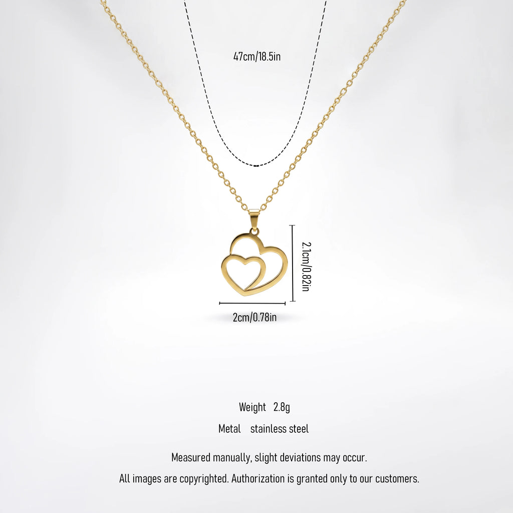 QIAOREN 12876 18K Gold Plated Double Heart Necklace, Waterproof Tarnish Free Stainless Steel Minimalist Interlocking Jewelry