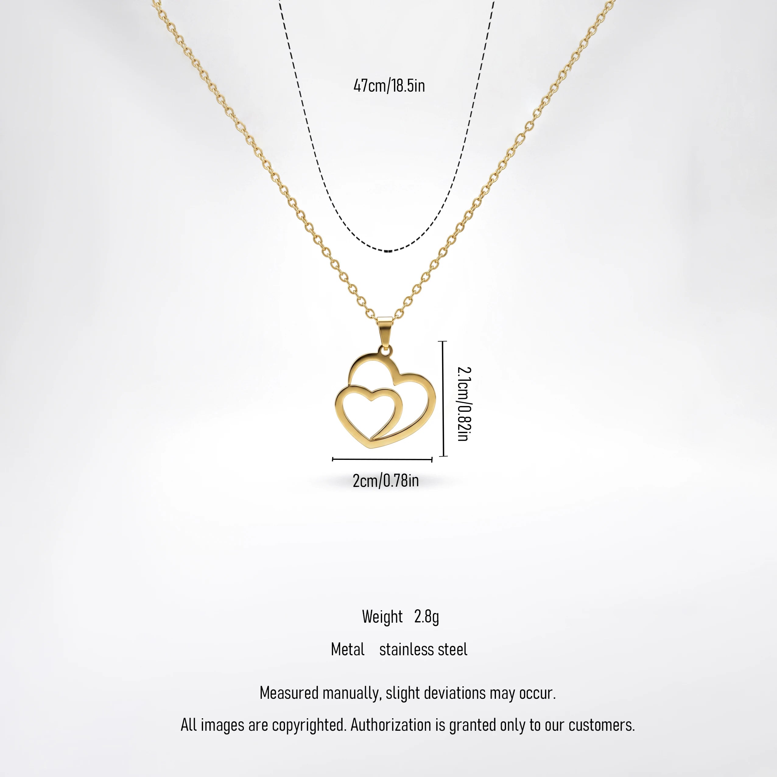 QIAOREN 12876 18K Gold Plated Double Heart Necklace, Waterproof Tarnish Free Stainless Steel Minimalist Interlocking Jewelry