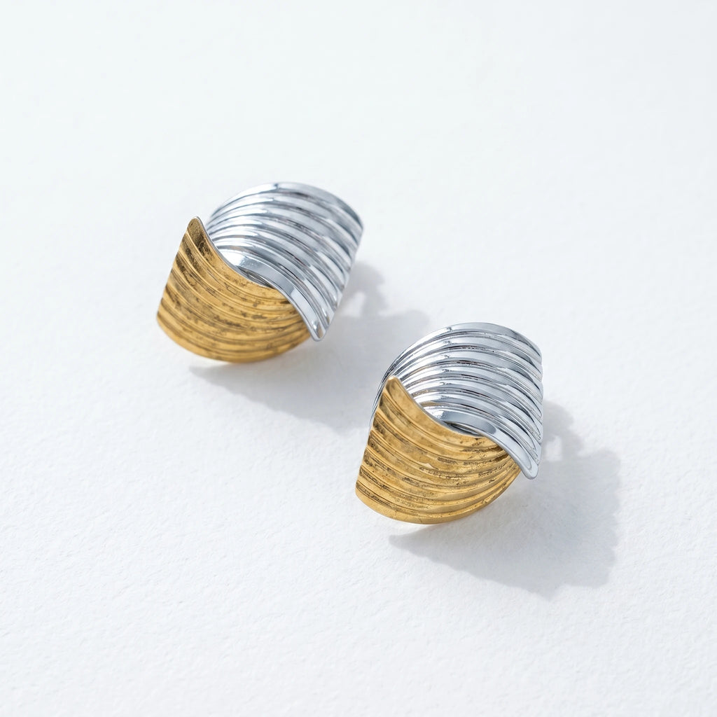 QIAOREN 12761 Stainless Steel Two Tone Layered Twist Stud Earrings Silver Gold Ridged Curved Statement Ear Jewelry for Women