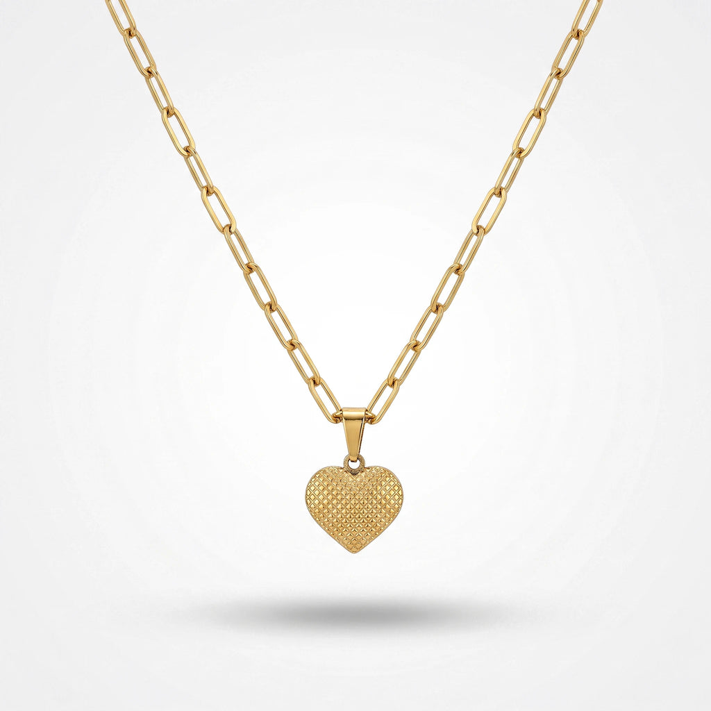 QIAOREN 13936 Paperclip Link Chain Heart Pendant Necklace with Embossed Grid Textured Heart Charm, Polished Gold Love