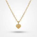 QIAOREN 13936 Paperclip Link Chain Heart Pendant Necklace with Embossed Grid Textured Heart Charm, Polished Gold Love