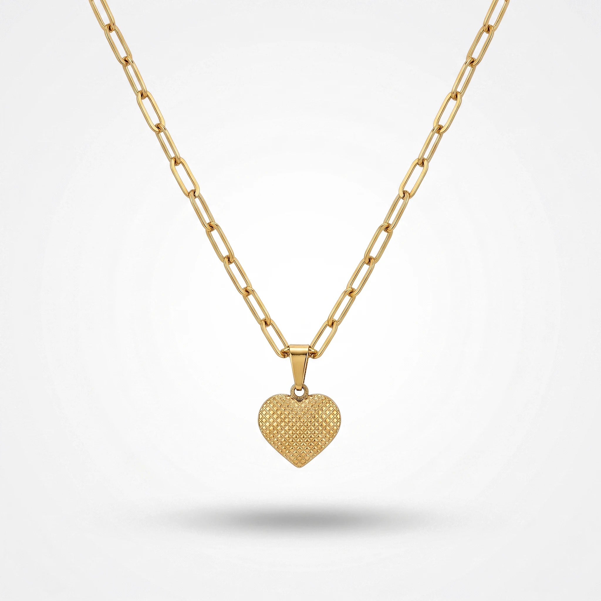 QIAOREN 13936 Paperclip Link Chain Heart Pendant Necklace with Embossed Grid Textured Heart Charm, Polished Gold Love