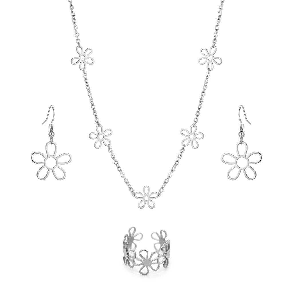QIAOREN 11571 18K Gold Plated Stainless Steel Hollow Daisy Jewelry Set, 3 Piece Necklace Earrings Ring Set for Women Summer Wear