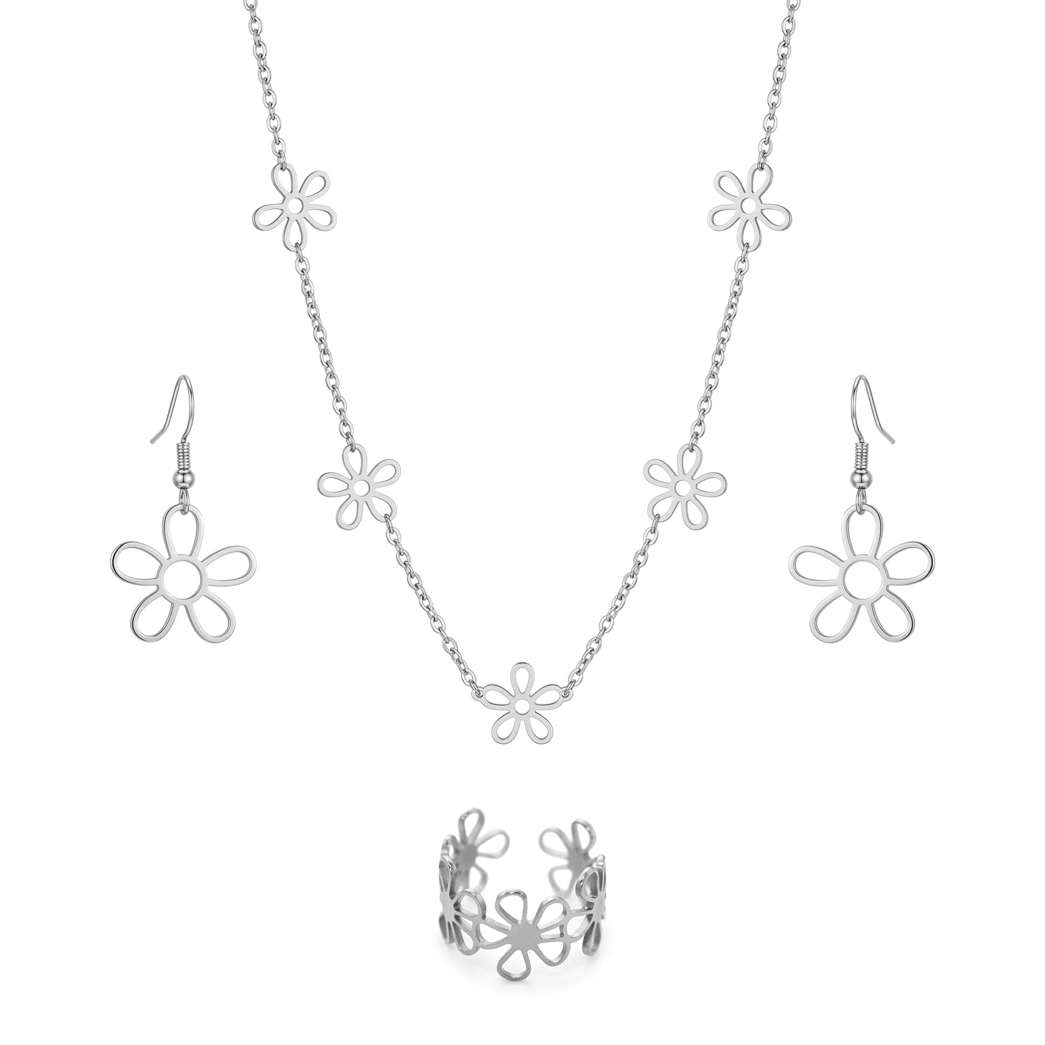 QIAOREN 11571 18K Gold Plated Stainless Steel Hollow Daisy Jewelry Set, 3 Piece Necklace Earrings Ring Set for Women Summer Wear