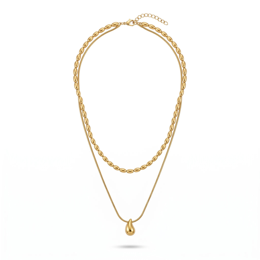 QIAOREN 11075 Stainless Steel Double Layer Necklace Rice Bead Snake Chain Teardrop Pendant Adjustable Gold Women Jewelry Gift