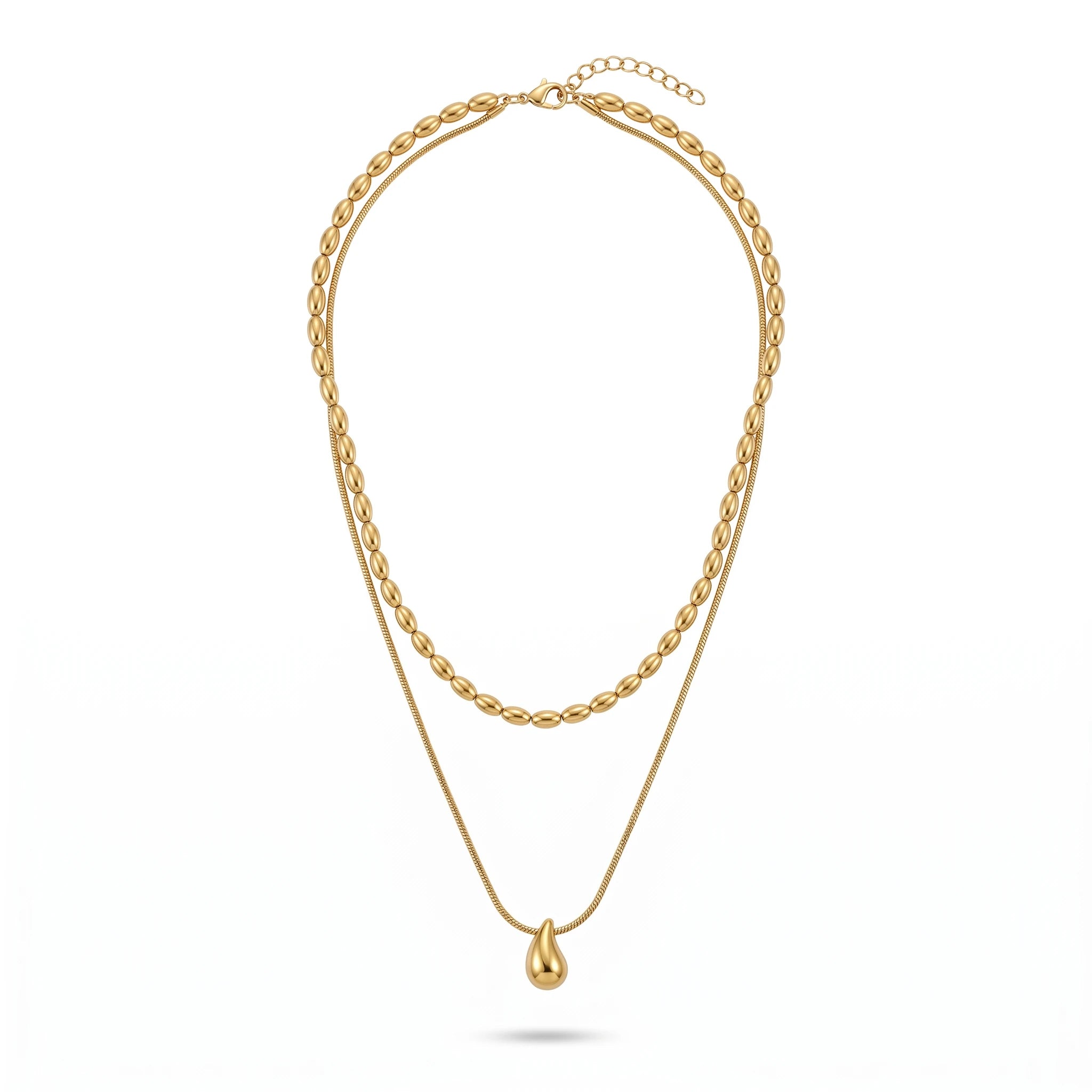 QIAOREN 11075 Stainless Steel Double Layer Necklace Rice Bead Snake Chain Teardrop Pendant Adjustable Gold Women Jewelry Gift