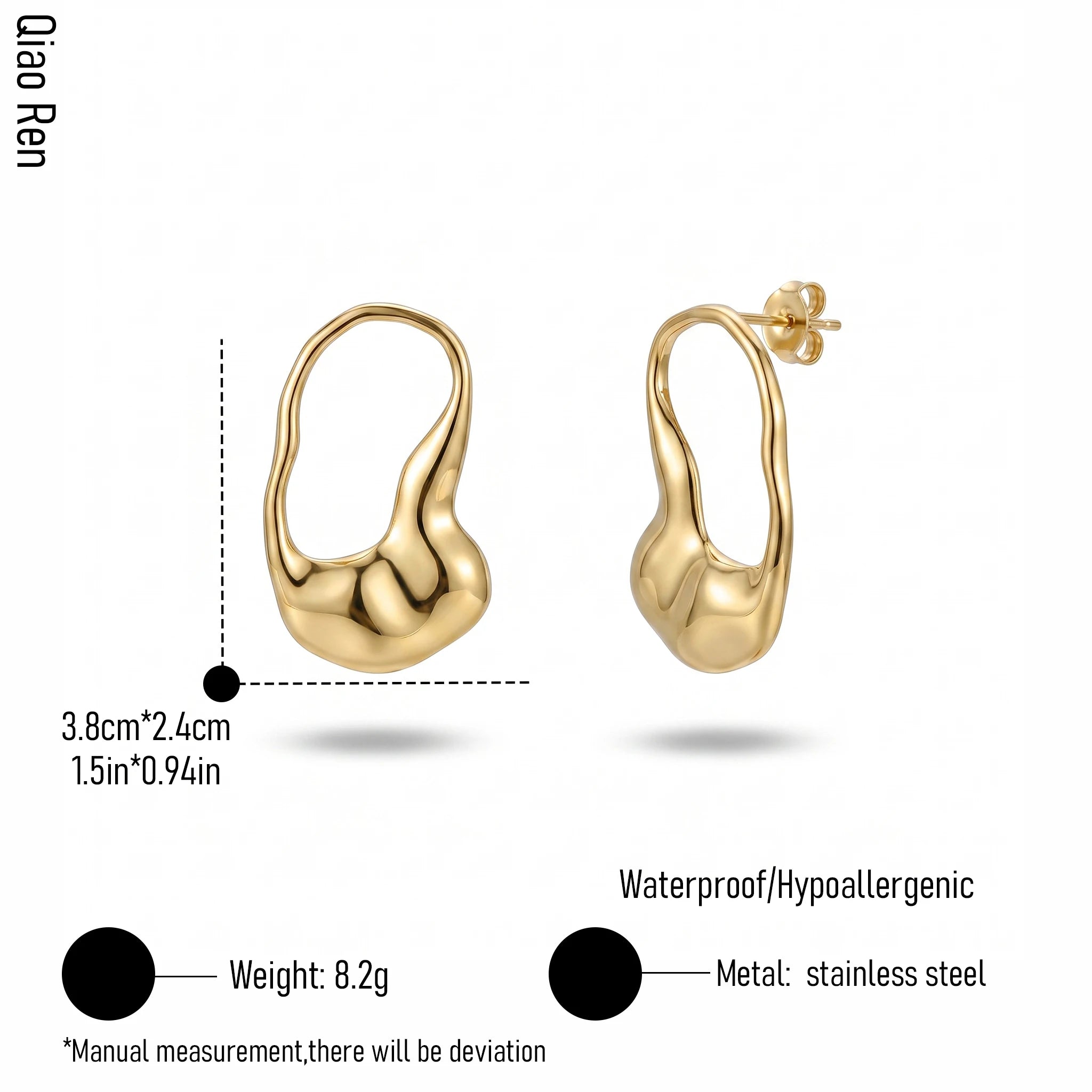 QIAOREN 14069 Irregular Teardrop Open Hoop Stud Earrings, Organic Fluid Hollow Drop Ear Stud Jewelry Gift for Daily Fashion