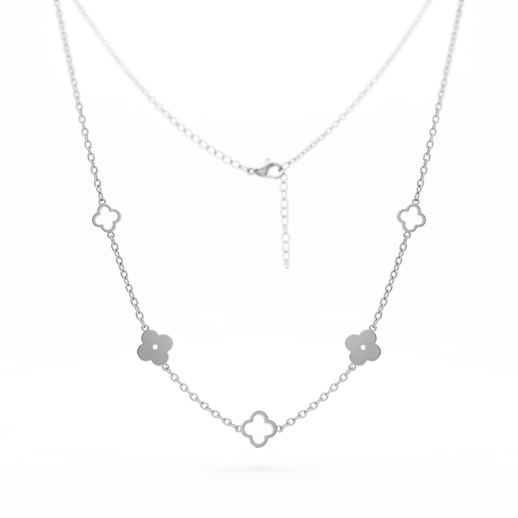 QIAOREN 10598 18K Gold Plated Mixed Solid & Hollow Clover Station Necklace Stainless Steel Tarnish Free